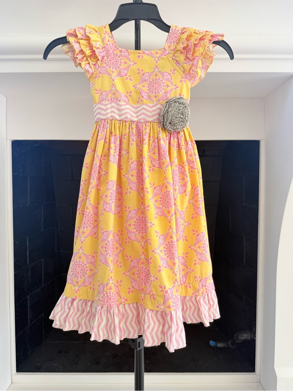Mustard Pie Yellow and Pink Ruffle Floral Dress with Waist Flower- Girls 6X